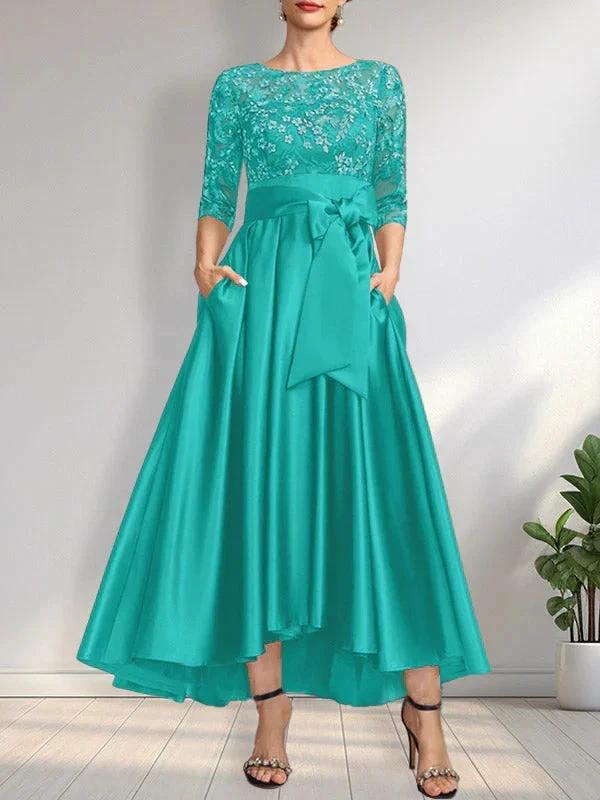 A-line Scoop Illusion Asymmetrical Satin Lace Mother of the Bride Dress With Bow by Dreamylily