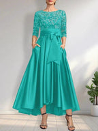 A-line Scoop Illusion Asymmetrical Satin Lace Mother of the Bride Dress With Bow by Dreamylily