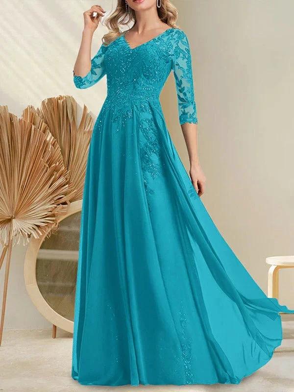 A-line V-Neck Floor-Length Lace Chiffon Mother of the Bride Dress With Sequins by Dreamylily