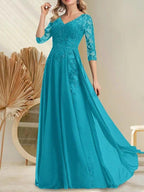 A-line V-Neck Floor-Length Lace Chiffon Mother of the Bride Dress With Sequins by Dreamylily