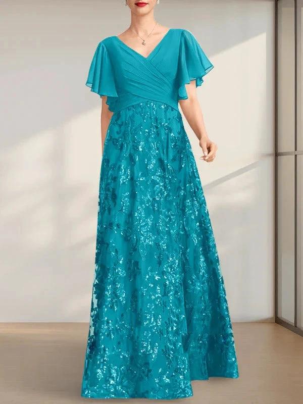 A-line V-Neck Floor-Length Lace Sequin Chiffon Mother of the Bride Dress With Pleated by Dreamylily