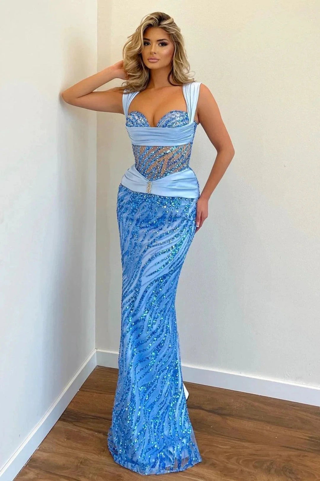 Stunning Long Mermaid Sequined Straps Tulle Formal Prom Dress by BIZTUNNEL