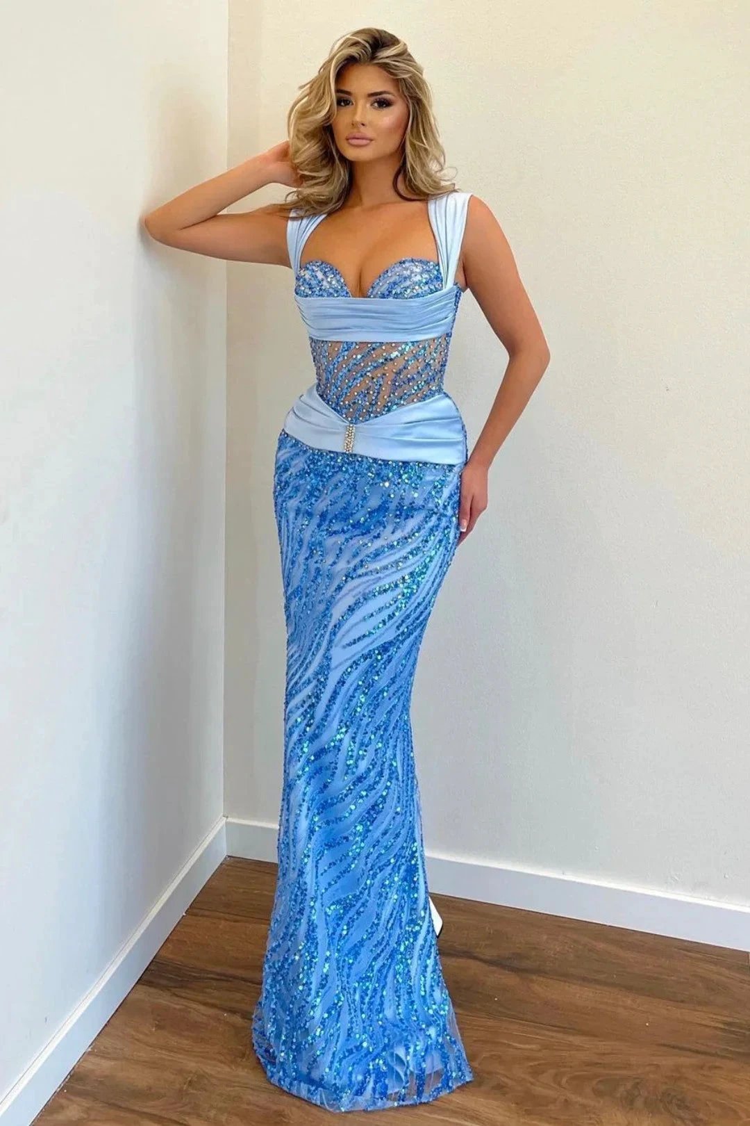 Stunning Long Mermaid Sequined Straps Tulle Formal Prom Dress by BIZTUNNEL
