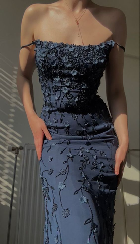 Vestido de fiesta vintage azul marino con tirantes finos y apliques, estilo sirena, para cumpleaños y noche, Y7456