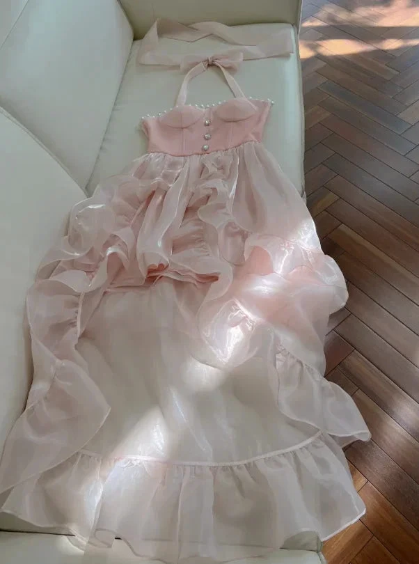 Simple Halter Pink Tulle Pearls Beaded High-Low Ruffles Homecoming Dress Party Dress Y8582 by simplepromdress