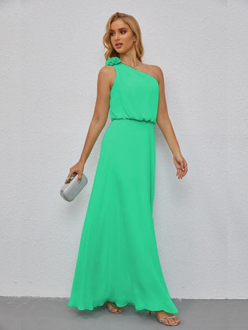 Ruffled One Shoulder Sleeveless Long Bridesmaid Dresses A-line Formal Evening Gown Side Split 28080