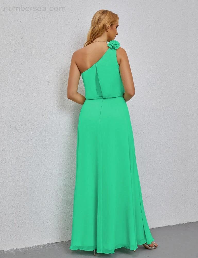 Ruffled One Shoulder Sleeveless Long Bridesmaid Dresses A-line Formal Evening Gown Side Split 28080 by numbersea