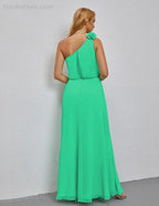Ruffled One Shoulder Sleeveless Long Bridesmaid Dresses A-line Formal Evening Gown Side Split 28080 by numbersea