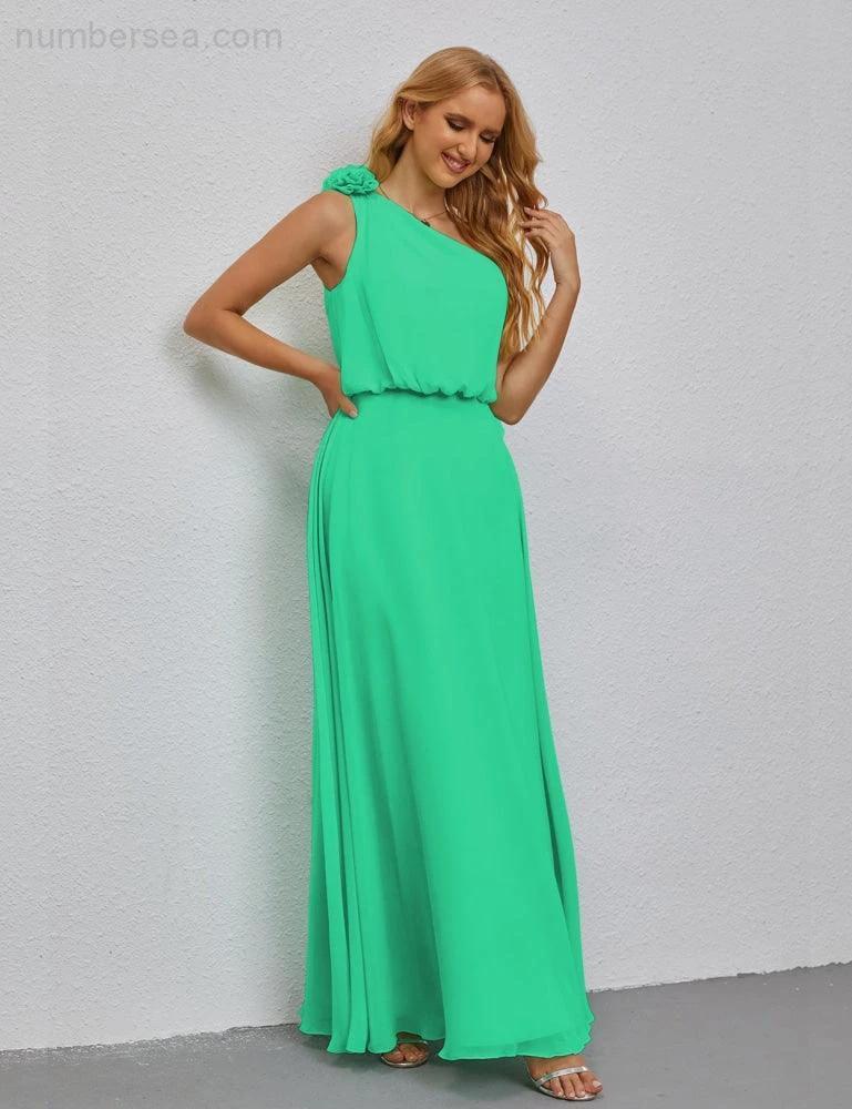 Ruffled One Shoulder Sleeveless Long Bridesmaid Dresses A-line Formal Evening Gown Side Split 28080 by numbersea