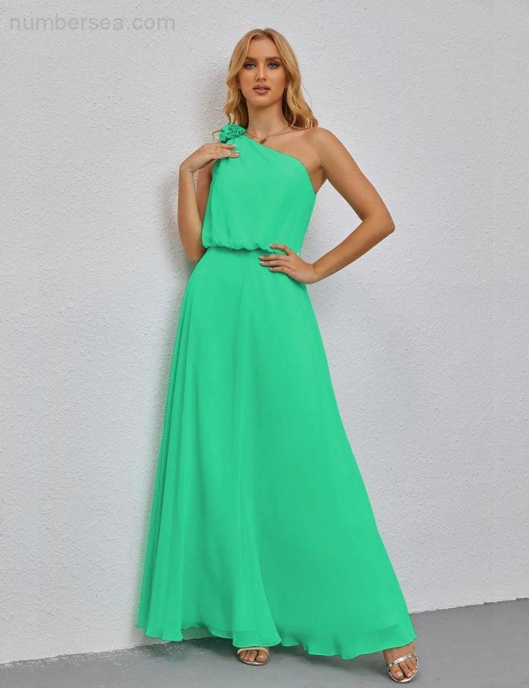 Ruffled One Shoulder Sleeveless Long Bridesmaid Dresses A-line Formal Evening Gown Side Split 28080 by numbersea