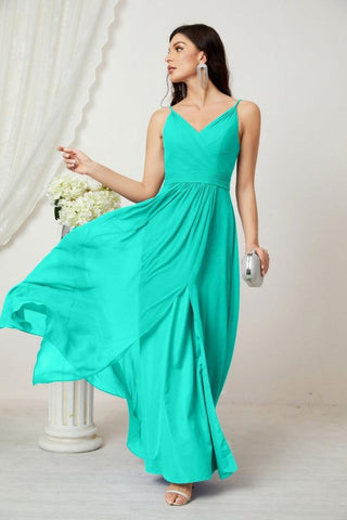 Numbersea Chiffon V-Neck Bridesmaid Dress Spaghetti Strap Long Formal Party Prom Gowns with Slit 28010