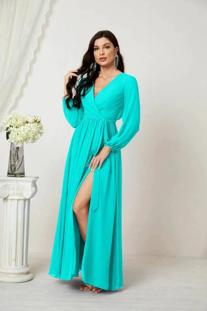 Sunnderly Evening Dresses Deep V-Neck Chiffon Bridesmaid Dresses Long Bishop Sleeve Side Split Formal Dress SY2806 by numbersea