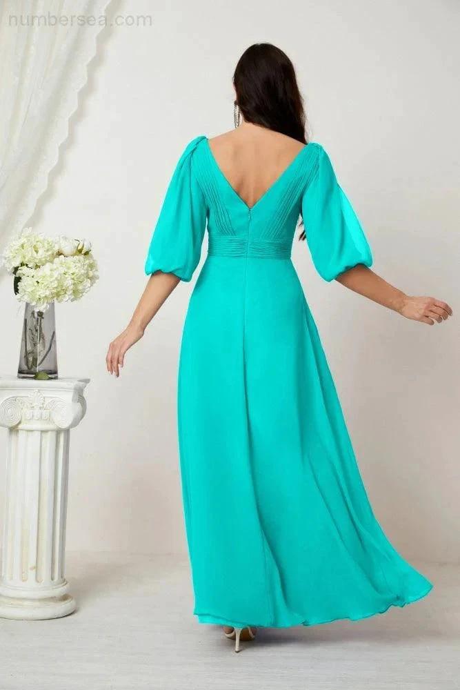 Numbersea Formal Prom Gown Women V-Neck Chiffon Bridesmaid Dresses Long Bishop Sleeve Party Dress 2807 by numbersea