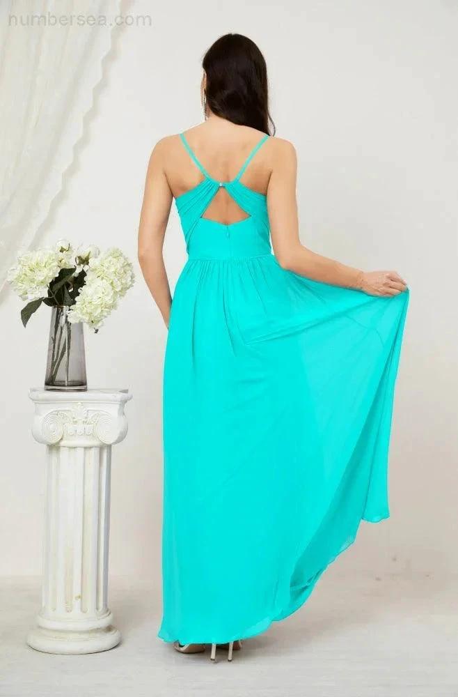 Numbersea Neck Bridesmaid Dresses Chiffon Long Spaghetti A-line Formal Prom Gown for Wedding Party Evening 2801 by numbersea