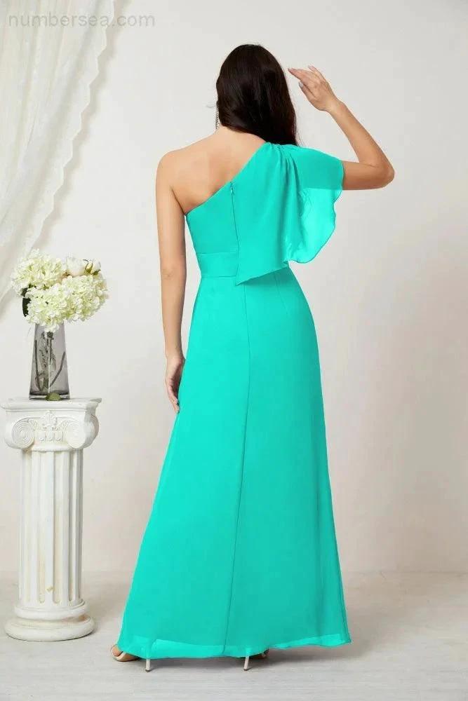 Numbersea Chiffon Ruffled One Shoulder Long Bridesmaid Dresses A-line Formal Evening Gown Side Split 2809 by numbersea
