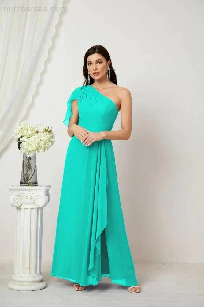 Numbersea Chiffon Ruffled One Shoulder Long Bridesmaid Dresses A-line Formal Evening Gown Side Split 2809 by numbersea