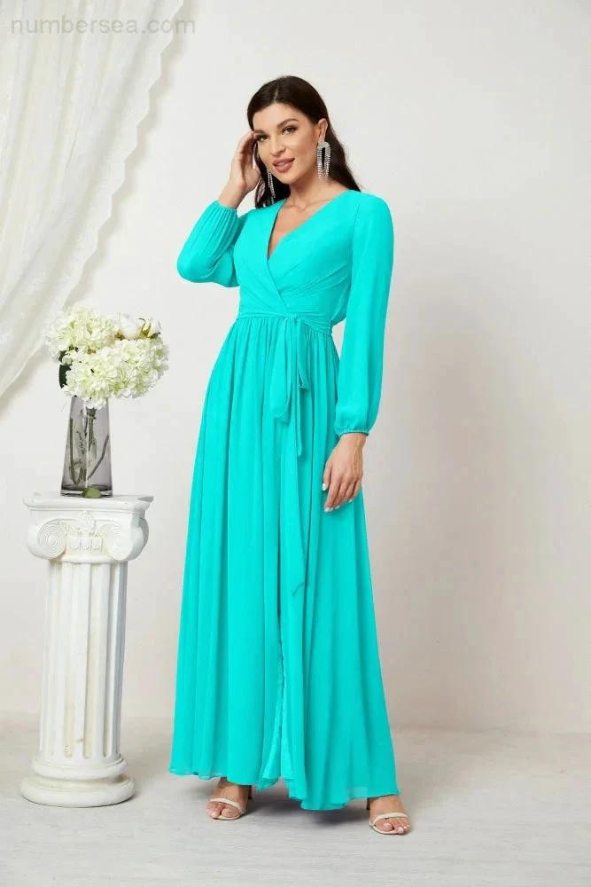 Sunnderly Evening Dresses Deep V-Neck Chiffon Bridesmaid Dresses Long Bishop Sleeve Side Split Formal Dress SY2806 by numbersea