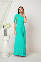 Numbersea Chiffon Ruffled One Shoulder Long Bridesmaid Dresses A-line Formal Evening Gown Side Split 2809 by numbersea