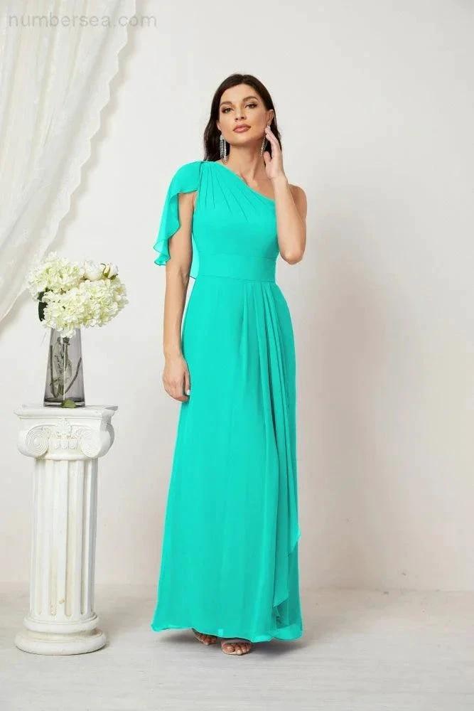 Numbersea Chiffon Ruffled One Shoulder Long Bridesmaid Dresses A-line Formal Evening Gown Side Split 2809 by numbersea