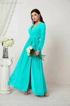 Sunnderly Evening Dresses Deep V-Neck Chiffon Bridesmaid Dresses Long Bishop Sleeve Side Split Formal Dress SY2806 by numbersea