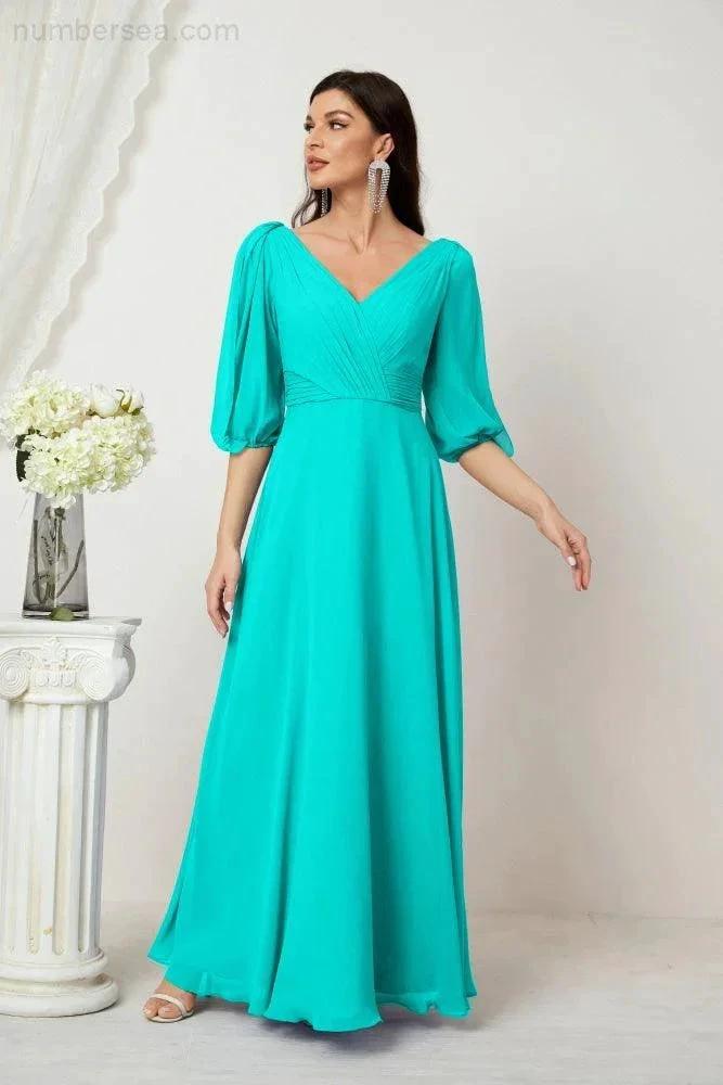 Numbersea Formal Prom Gown Women V-Neck Chiffon Bridesmaid Dresses Long Bishop Sleeve Party Dress 2807 by numbersea
