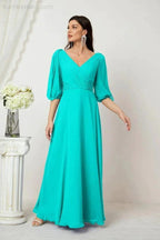 Numbersea Formal Prom Gown Women V-Neck Chiffon Bridesmaid Dresses Long Bishop Sleeve Party Dress 2807 by numbersea