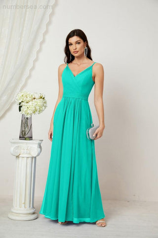 Numbersea Chiffon V-Neck Bridesmaid Dress Spaghetti Strap Long Formal Party Prom Gowns with Slit 28010