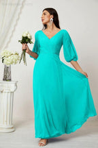 Numbersea Formal Prom Gown Women V-Neck Chiffon Bridesmaid Dresses Long Bishop Sleeve Party Dress 2807 by numbersea