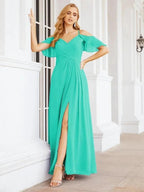 Numbersea Cold Shoulder Long Bridesmaid Dresses Side Slit Formal Prom Gowns Party Wedding 28070 by numbersea