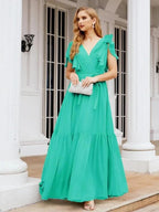 Numbersea Women's Open Back Formal Evening Party Prom Gowns V-Neck Long Chiffon Bridesmaid Dresses with Waist Belt 28038 by numbersea