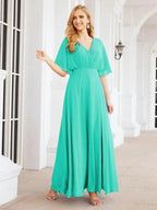 Numbersea V-Neck Bridesmaid Dress Chiffon Long Open Back Formal Dresses for Women Party Evening 28067 by numbersea