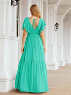 Numbersea Women's Open Back Formal Evening Party Prom Gowns V-Neck Long Chiffon Bridesmaid Dresses with Waist Belt 28038 by numbersea