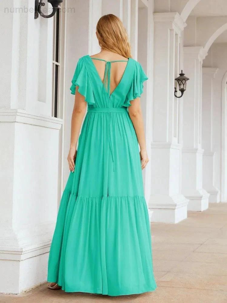Numbersea Women's Open Back Formal Evening Party Prom Gowns V-Neck Long Chiffon Bridesmaid Dresses with Waist Belt 28038 by numbersea