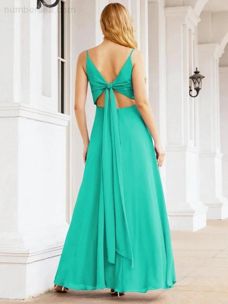Numbersea Spaghetti Strap Bridesmaid Dresses V Neck Butterfly Back Fromal Evening Party Prom Gown 28036 by numbersea