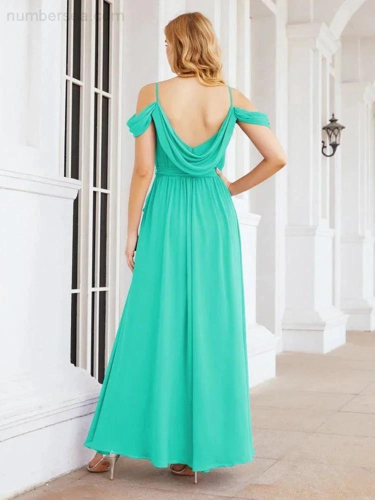 Numbersea Off The Shoulder Chiffon Bridesmaid Dress Long Formal Graduation Gown with Cowl Back 28069 by numbersea