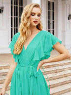 Numbersea Women's Open Back Formal Evening Party Prom Gowns V-Neck Long Chiffon Bridesmaid Dresses with Waist Belt 28038 by numbersea