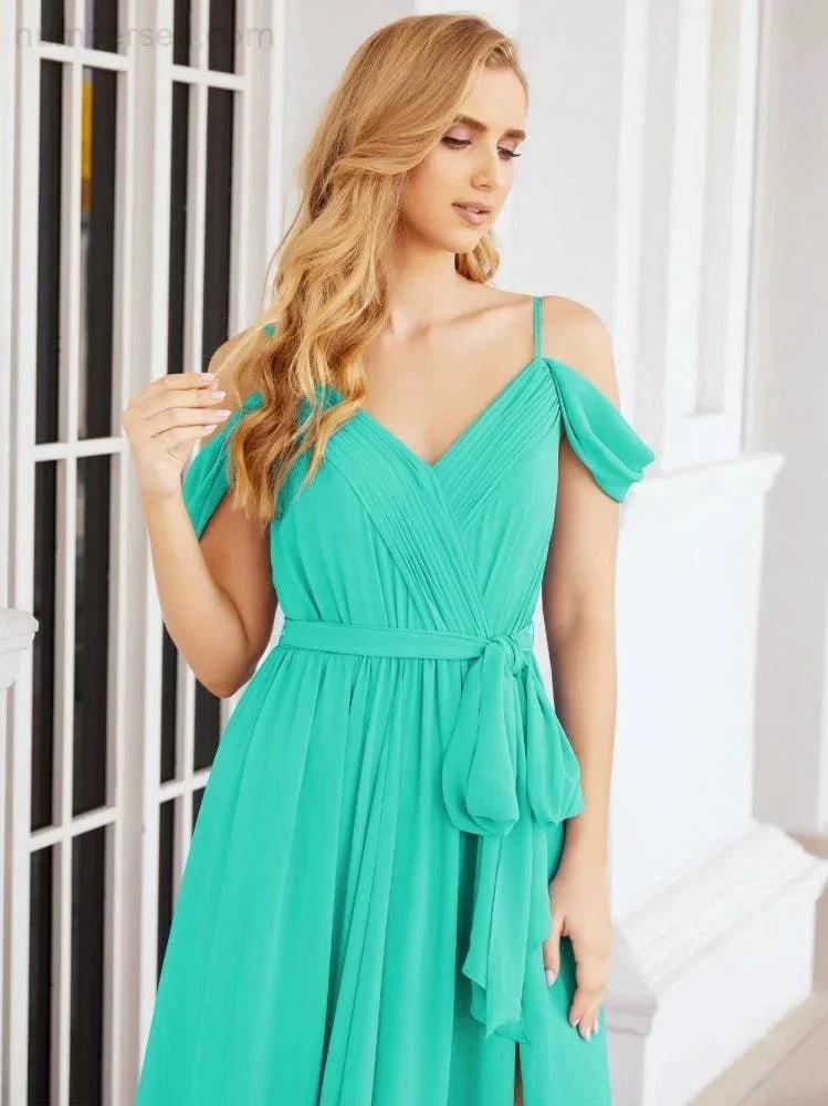 Numbersea Off The Shoulder Chiffon Bridesmaid Dress Long Formal Graduation Gown with Cowl Back 28069 by numbersea