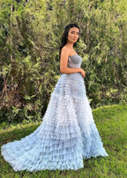 Kaia |A Line Sweetheart Tiered Ruffled Tulle Long Prom Dress by KissProm