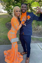 Orange Long V-Neck Lace Mermaid Prom Dress with Sleeves by BIZTUNNEL
