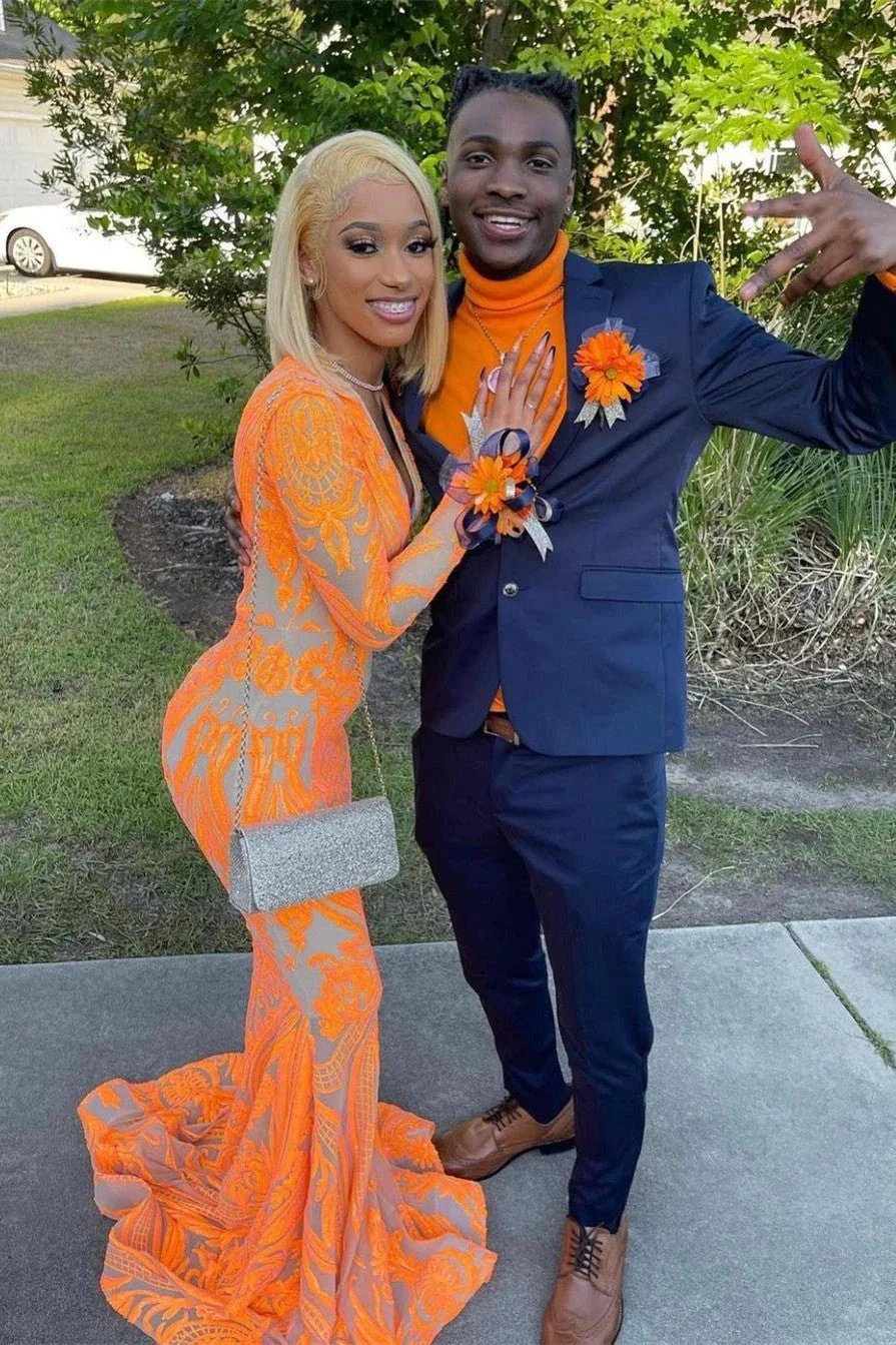 Orange Long V-Neck Lace Mermaid Prom Dress with Sleeves by BIZTUNNEL