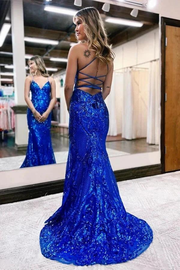 V Neck Spaghetti Straps Backless Royal Blue Sequin Long Prom Dress by BIZTUNNEL