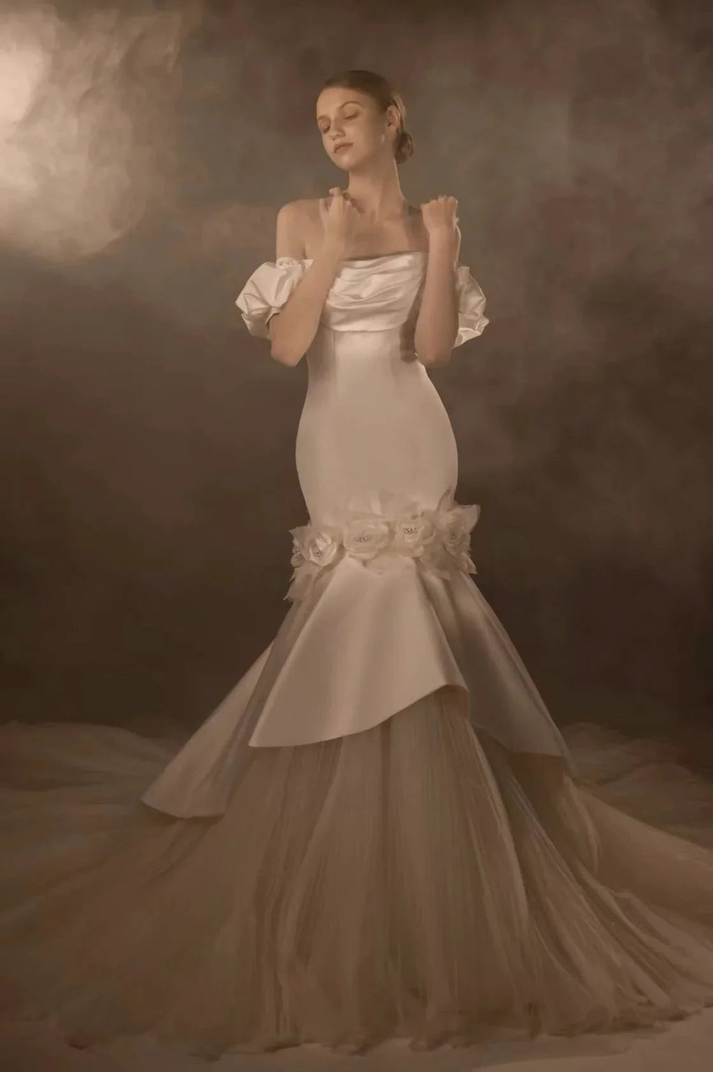 Gorgeous Long Mermaid Off-the-Shoulder Puff Sleeve Satin Wedding Dress with 3D Flower & Lace-Up Back & Tulle Train Q6012 by ZAPDRESS