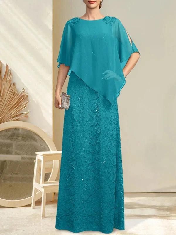 Sheath/Column Scoop Floor-Length Chiffon Lace Mother of the Bride Dress With Sequins Beading by Dreamylily