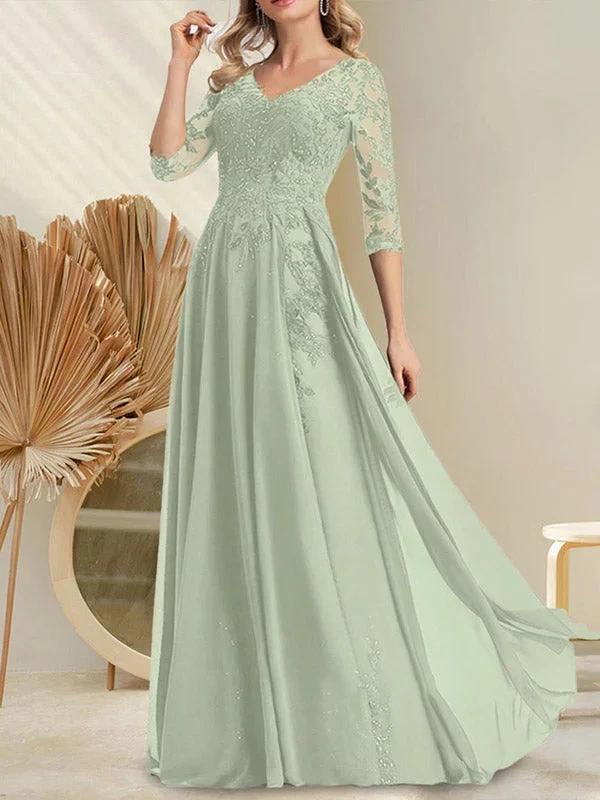 A-line V-Neck Floor-Length Lace Chiffon Mother of the Bride Dress With Sequins by Dreamylily