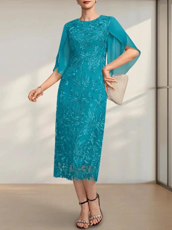Sheath/Column Scoop Tea-Length Lace Chiffon Mother of the Bride Dress by Dreamylily