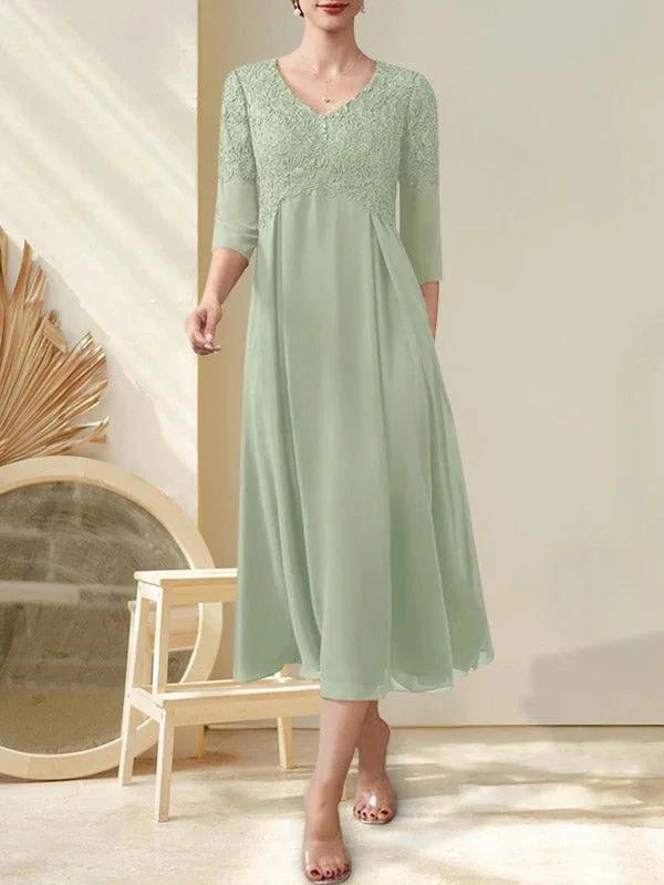 A-line V-Neck Tea-Length Chiffon Lace Mother of the Bride Dress With Beading by Dreamylily