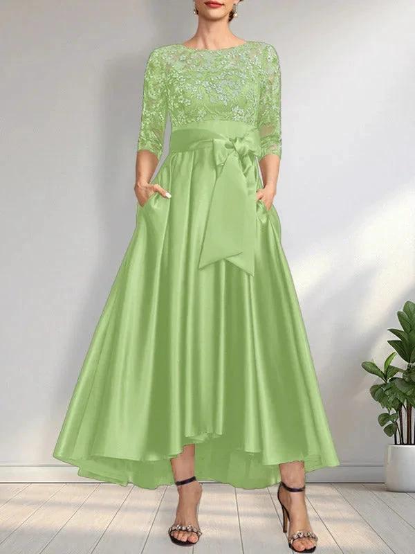 A-line Scoop Illusion Asymmetrical Satin Lace Mother of the Bride Dress With Bow by Dreamylily