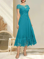 A-line Illusion Scoop Tea-Length Lace Chiffon Mother of the Bride Dress With Sequins by Dreamylily