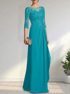 A-line Scoop Illusion Floor-Length Chiffon Lace Mother of the Bride Dress With Beading Sequins Cascading Ruffles by Dreamylily