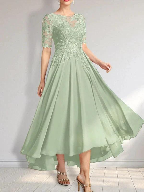 A-line Scoop Illusion Asymmetrical Chiffon Lace Mother of the Bride Dress With Sequins by Dreamylily